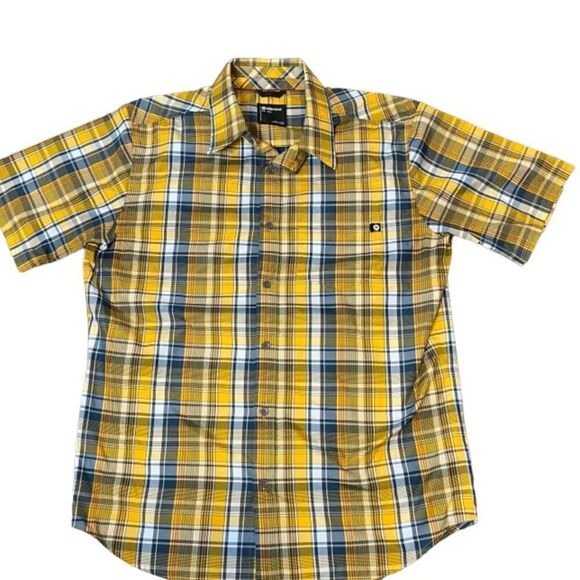 Marmot Lykken Short Sleeve Men's Button Front Shirt Plaid Yellow Blue Size Large - Picture 1 of 9